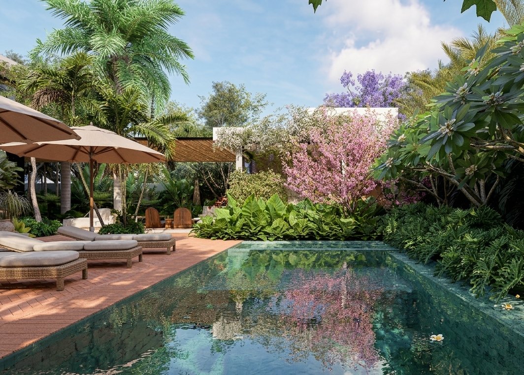 Piscina com jardim tropical e flores