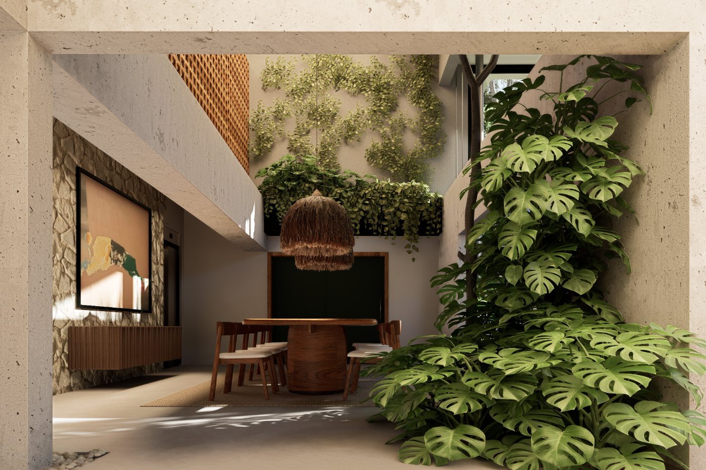 Interior biofílico com monstera