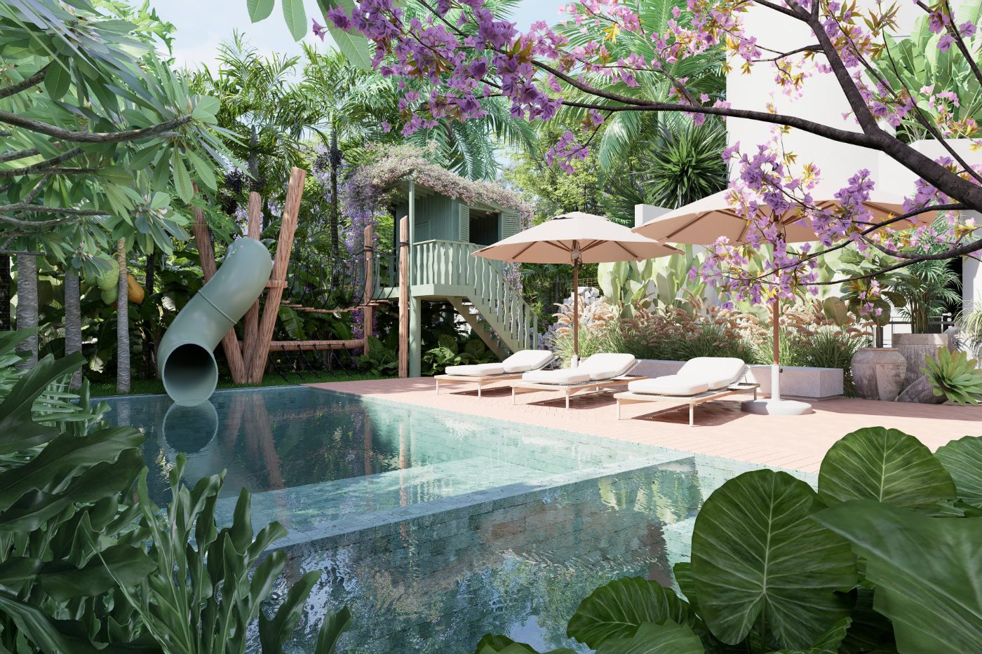 Piscina com escorregador e jardim tropical