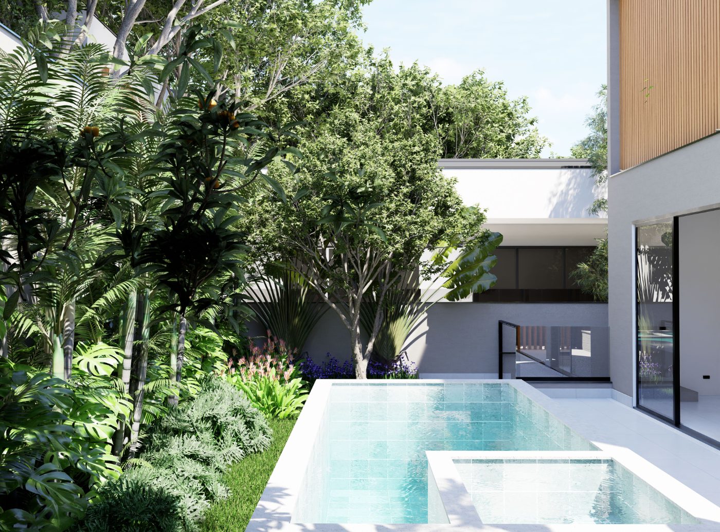 Jardim florido com área de lazer